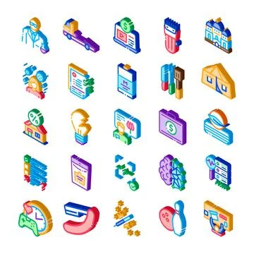 Isometric icon set illustrating various business concepts Stock Illustration