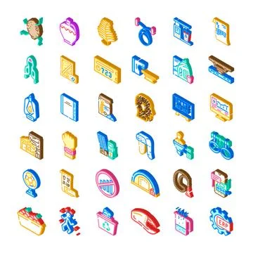 Isometric icon set illustrating various concepts and items Stock Illustration