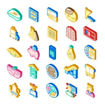 Isometric icon set illustrating various daily life objects and concepts 库存插图