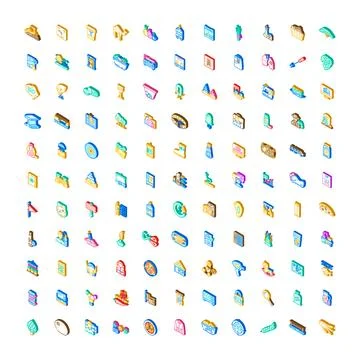 Isometric icon set presenting diverse colorful objects Stock Illustration