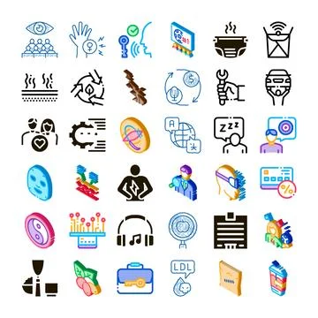 Isometric icon set representing abstract business and health concepts Stockillustratie