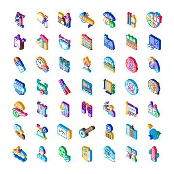 Isometric icon set representing business and technology concepts Stockillustratie