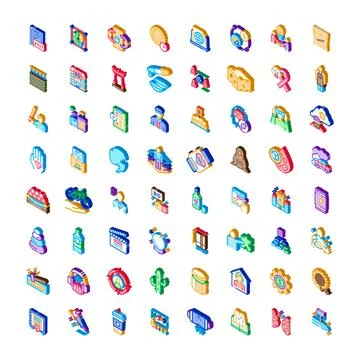 Isometric icon set representing business technology and social concepts Stock Illustration