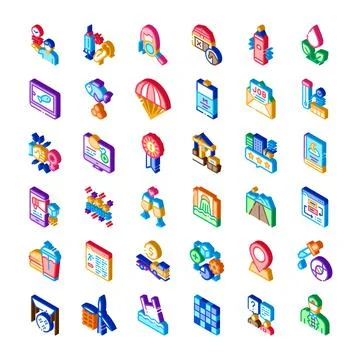 Isometric icon set representing business and marketing concepts Stock Illustration