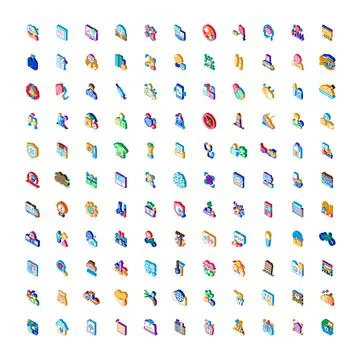 Isometric icon set representing business, finance, healthcare, technology Stock Illustration