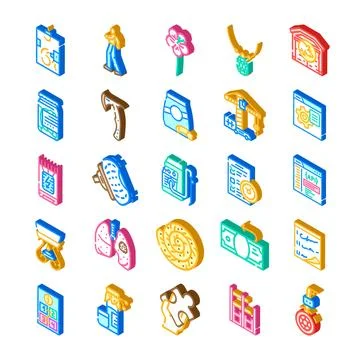 Isometric icon set representing business technology and lifestyle 库存插图