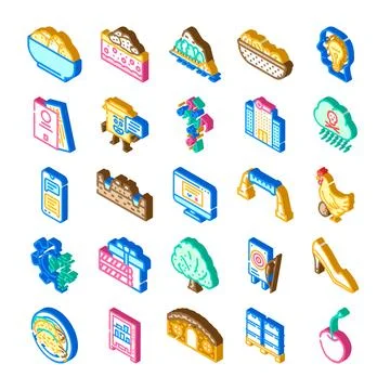 Isometric icon set representing business, nature, and food Stock Illustration