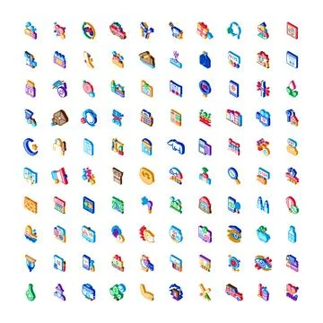 Isometric icon set representing digital technology and business concepts Stock Illustration