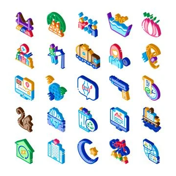 Isometric icon set representing diverse global concepts Stockillustratie