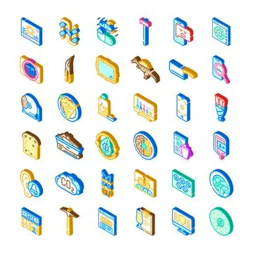Isometric icon set representing diverse digital concepts 库存插图