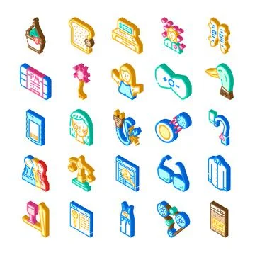 Isometric icon set representing everyday objects and abstract concepts Stock Illustration