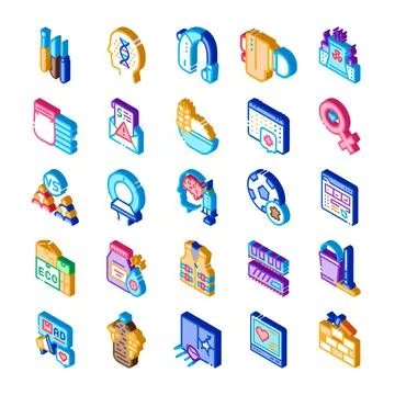 Isometric icon set representing technology and healthcare concepts Stockillustratie