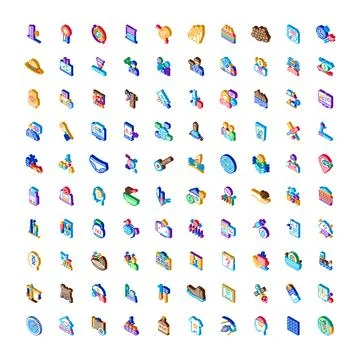 Isometric icon set representing various business and technology concepts Stock Illustration