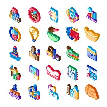 Isometric icon set representing various industry and service concepts Stock Illustration