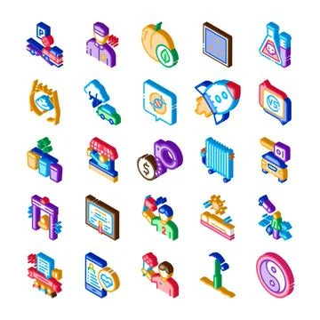 Isometric icon set representing various concepts and themes Stock Illustration