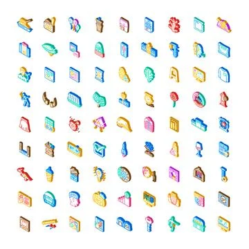 Isometric icon set of various colorful objects Stock Illustration
