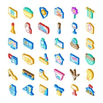 Isometric icon set various objects symbols concepts Stock Illustration