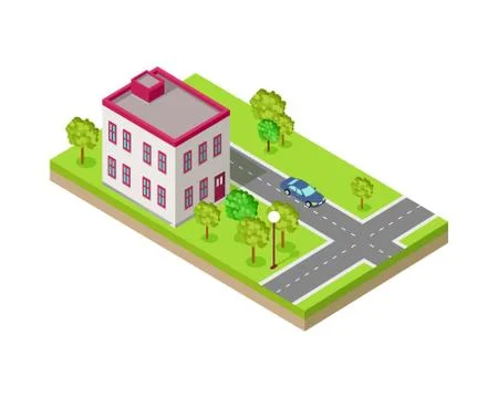 Isometric Icon of Two Storey House Near Road Illustrazione stock