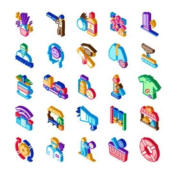 Isometric icons collage representing various industries and services Stock Illustration
