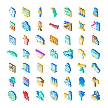 Isometric icons collection featuring various objects, tools, and concepts Illustrazione stock