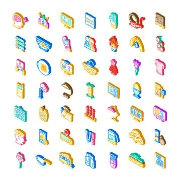 Isometric icons collection representing daily objects and concepts 库存插图