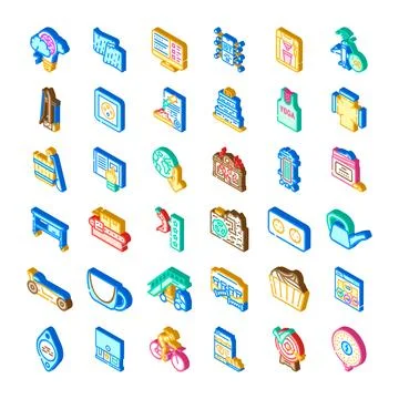 Isometric icons collection representing technology industry lifestyle health Stock Illustration