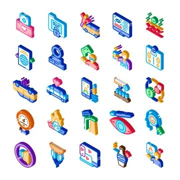 Isometric icons collection representing various insurance and risk concepts Stock Illustration