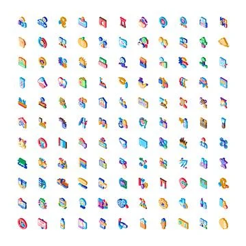Isometric icons collection representing various business concepts and objects Stock Illustration