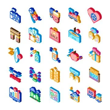 Isometric icons collection representing various concepts and objects Stock Illustration