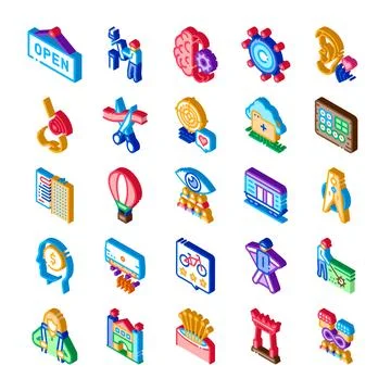 Isometric icons collection representing various business and medical concepts Stock Illustration