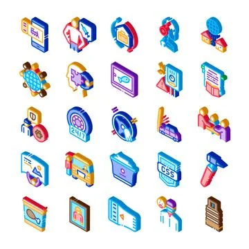 Isometric icons collection representing various services and applications Stock Illustration