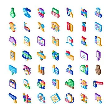 Isometric icons collection representing various business symbols and graphics Stock Illustration