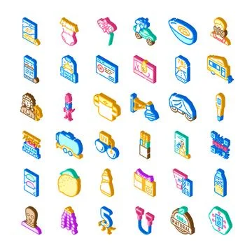 Isometric icons collection representing various items and concepts Stock Illustration