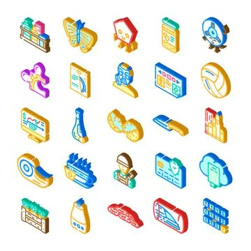 Isometric icons collection representing various concepts and objects Stock Illustration