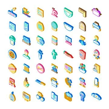 Isometric icons collection representing various concepts and tools Stock Illustration