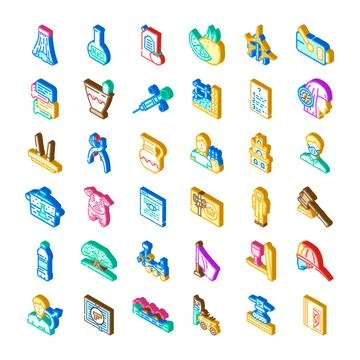 Isometric icons collection representing various science history and technol.. Stock Illustration