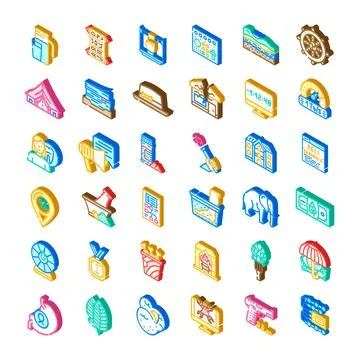 Isometric icons collection representing various concepts and objects Stock Illustration