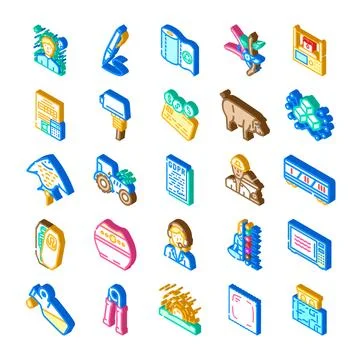 Isometric icons collection representing various concepts and objects Stock Illustration