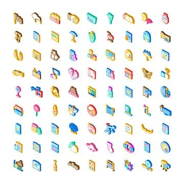 Isometric icons collection representing various concepts objects symbols Ilustración de archivo