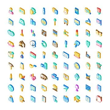 Isometric icons collection representing various concepts and fields Stock Illustration