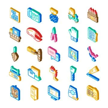 Isometric icons collection representing various household and industrial item Illustrazione stock