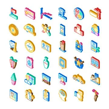 Isometric icons collection representing various business and social concepts 库存插图