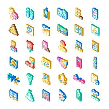 Isometric icons collection representing various concepts and objects Stock Illustration