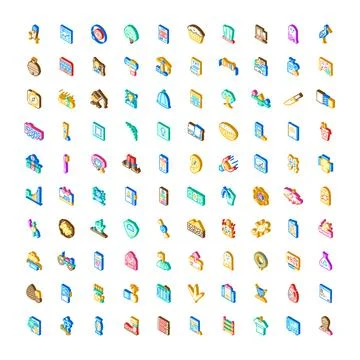 Isometric icons collection representing various digital symbols Stock Illustration