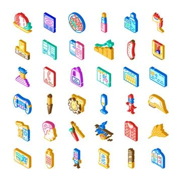 Isometric icons collection representing various objects and concepts Stock Illustration