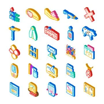Isometric icons collection representing various digital and real world object Stock Illustration