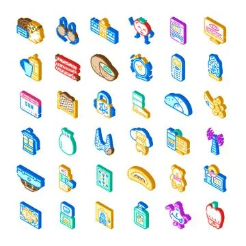 Isometric icons collection representing various concepts and objects Stock Illustration