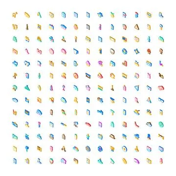 Isometric icons collection representing various digital symbols Stock Illustration