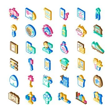Isometric icons collection representing various objects and concepts 스톡 일러스트
