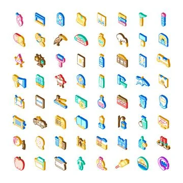 Isometric icons collection representing various objects and symbols 스톡 일러스트